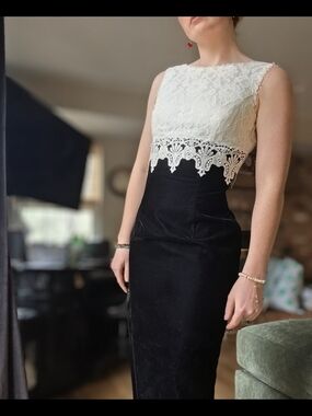 Vintage Scott McClintock Black velvet Maxi Formal Dress with White Lace Top